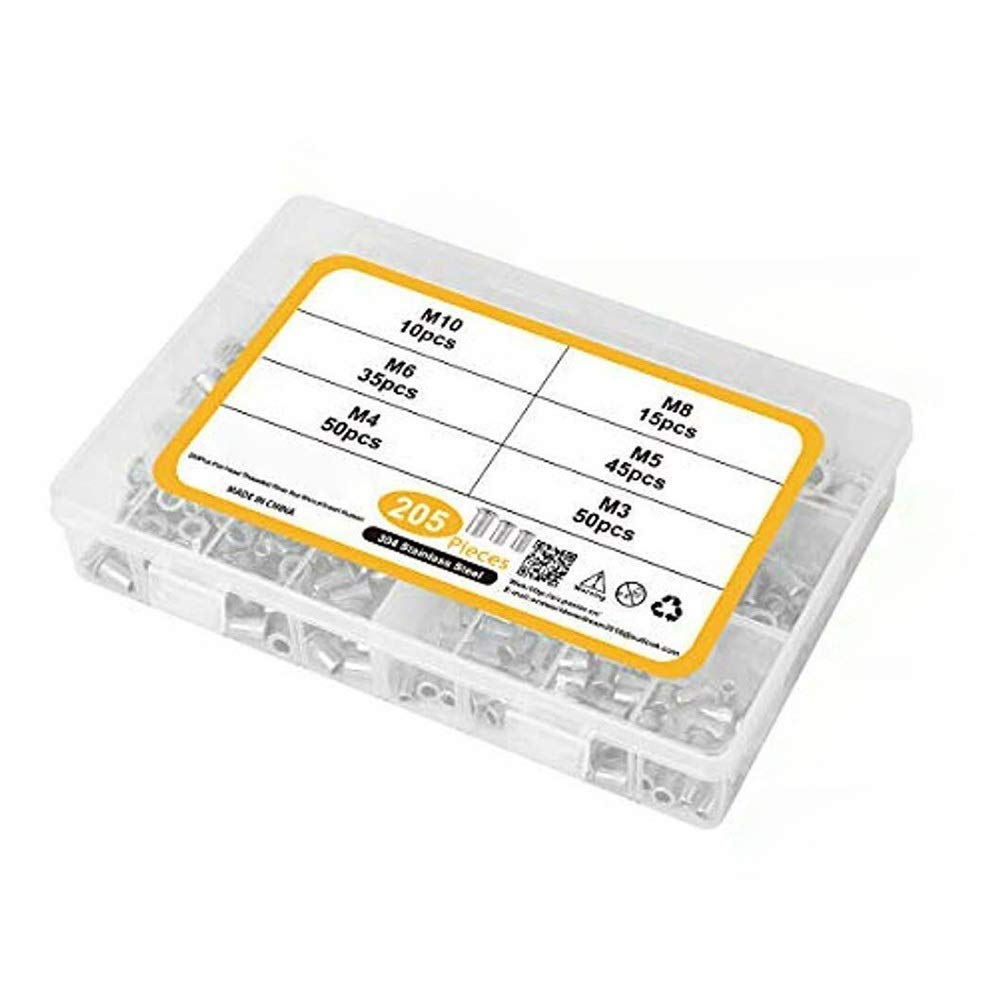 Dadi rivettati filettati, Confezione da 205 kit di dadi rivettati a testa piatta in acciaio inossidabile 304 M3/M4/M5/M6/M8/M10