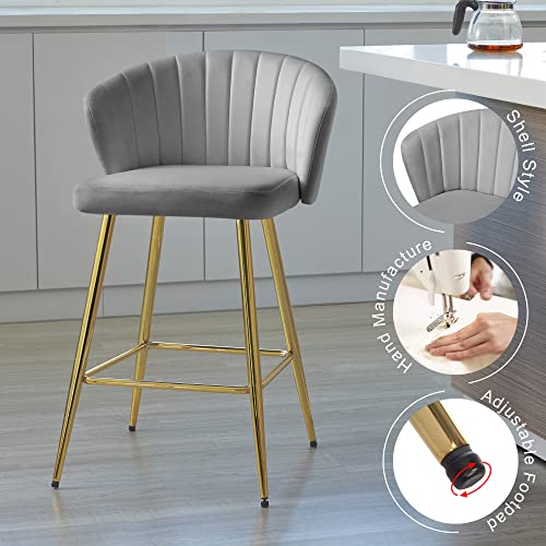 Kithkasa Counter Height Bar Stools, Modern Velvet Barstools Set Of 2 With Gold Legs & Shell Back For Kitchen Island Dining Room (Grey) #TOP2