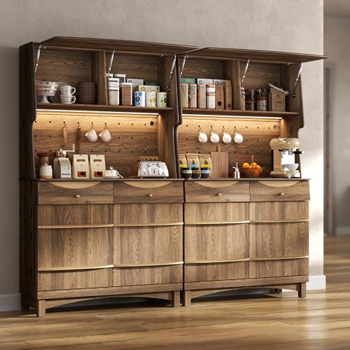 Image of STO'SENSE 72'' Kitchen Pantry Cabinet w /Power Outlets, Tall Storage Cabinet w /LED Light, FILP-up Door & Pegboard, Freestanding Kitchen Hutch w /Drawers, Solid Wood Handles(Walnut-2PCS)