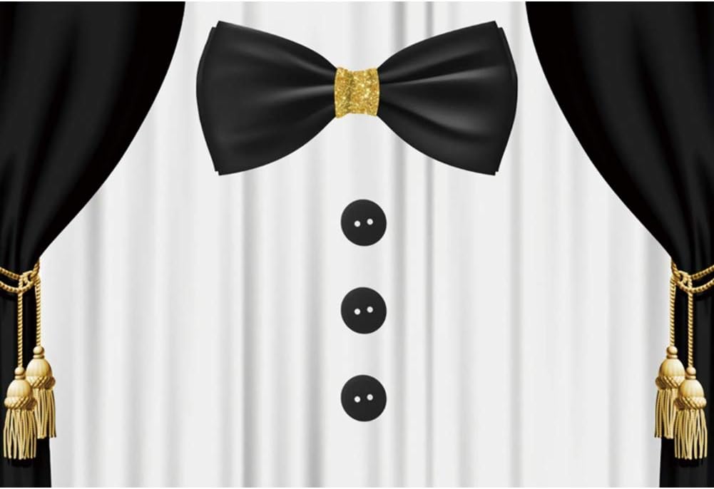Baocicco 7x5ft White and Black Tuxedo Suit Theme Birthday Party Backdrop Black Curtains Tie Buttons Photography Background Gentlemen Baby Shower Birthday Carnival for Little Boy Father Boyfriends