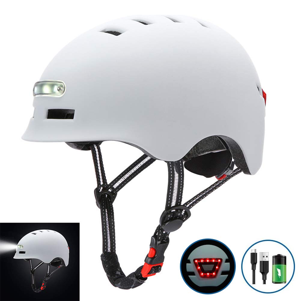Generic Casco da Bici con Luce LED Ricaricabile USB PC Shell EPS Liner Regolabile Taglia M da 54 a 57 Cm Casco da Ciclismo per Scooter Guida Notturna Adulti (WHITE #37)