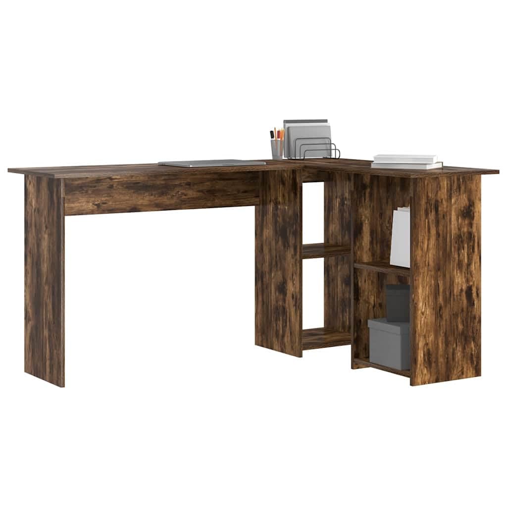 Scrivania in rovere affumicato, 142 x 102 x 73 cm, con ripiano e ripiano, scrivania angolare per computer per casa, ufficio e gaming, grande spazio di archiviazione e comodo spazio di lavoro