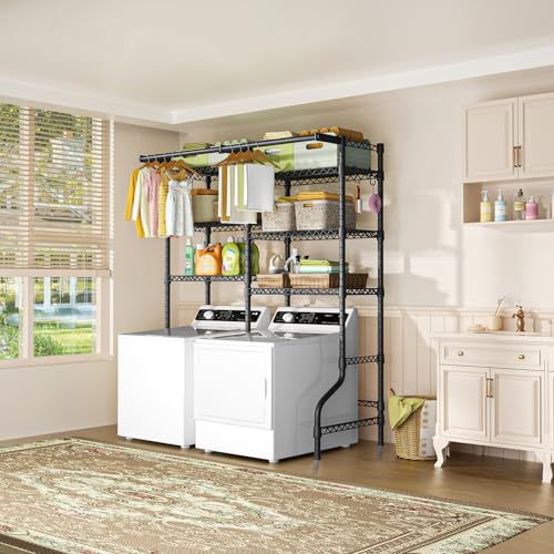 Ulif U13 Over Washer and Dryer Storage Shelves, 6 Tiers Laundry Room Standing Shelf with 2 Hanger Rods, Space Saver Clothes Drying Rack, 63.4\" W x 22\" D x 77.4\" H, Black - Thumbnail 6
