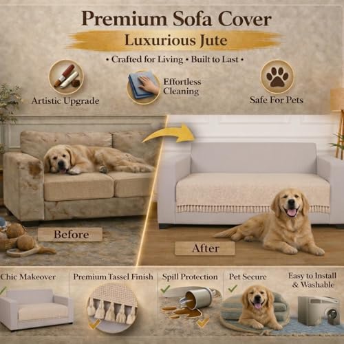 Image of STITCHNEST Jute Sofa Cover - Beige, 24x30 Inch | Soft Textured Fabric with Tassel| Sofa for Living Room Decor