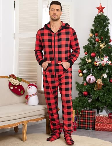 Image of Veseacky Family Christmas Pajamas Matching Sets Adult Onesie Zipper Hooded Footed One-Piece Pjs Jumpsuits