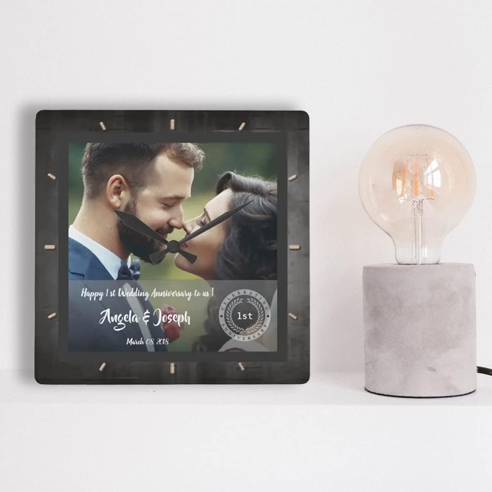 Personalized Wall Clock Family Frames Decor Custom Photo DIY Engraved Name & Date Wooden Unusual Clocks for Living Room Decor 9.84 x 9.84 Inch (Square)