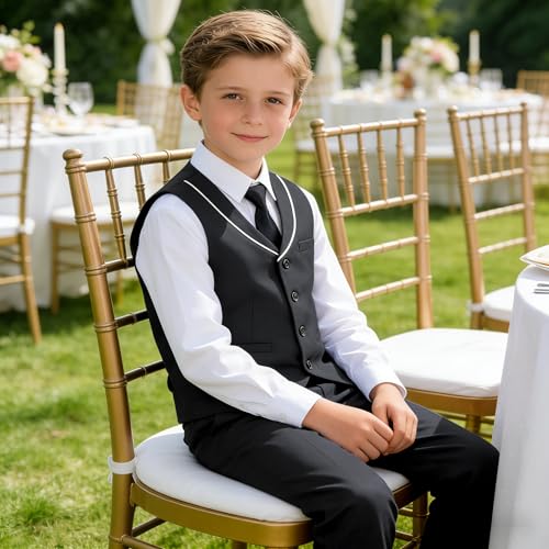 Image of LOLANTA 4Pcs Boys Formal Suit, Kids Tuxedo Vest for Wedding Birthday Party Dress Suits with Shirt and Tie for 3-13 Years