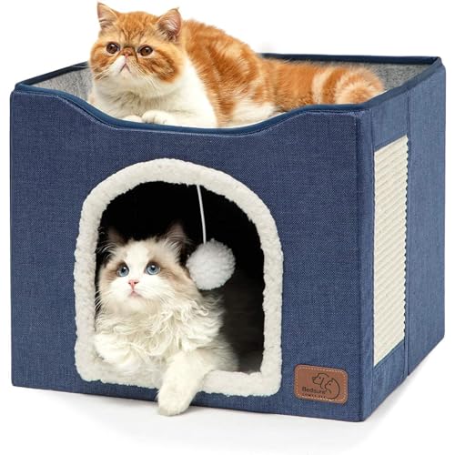 Agility Cat Bed for Indoor Large Cave with Fluffy Ball Hanging & Scratch Pad, Foldable Nest 41x41x35CM (Blue)