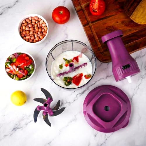 Image of Chopper for Kitchen Use | 650 ml Round Push Chopper with 3 Blades and Whisker | Chopping Vegetables & Fruits, Onion, Ginger, Garlic, Salad, Tomato, Potato (Purple)