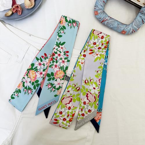 2 Pack Silk Purse Scarf For Handbags Head Hair Ribbon Fashion Skinny Scarf For Women Long Neckerchief2