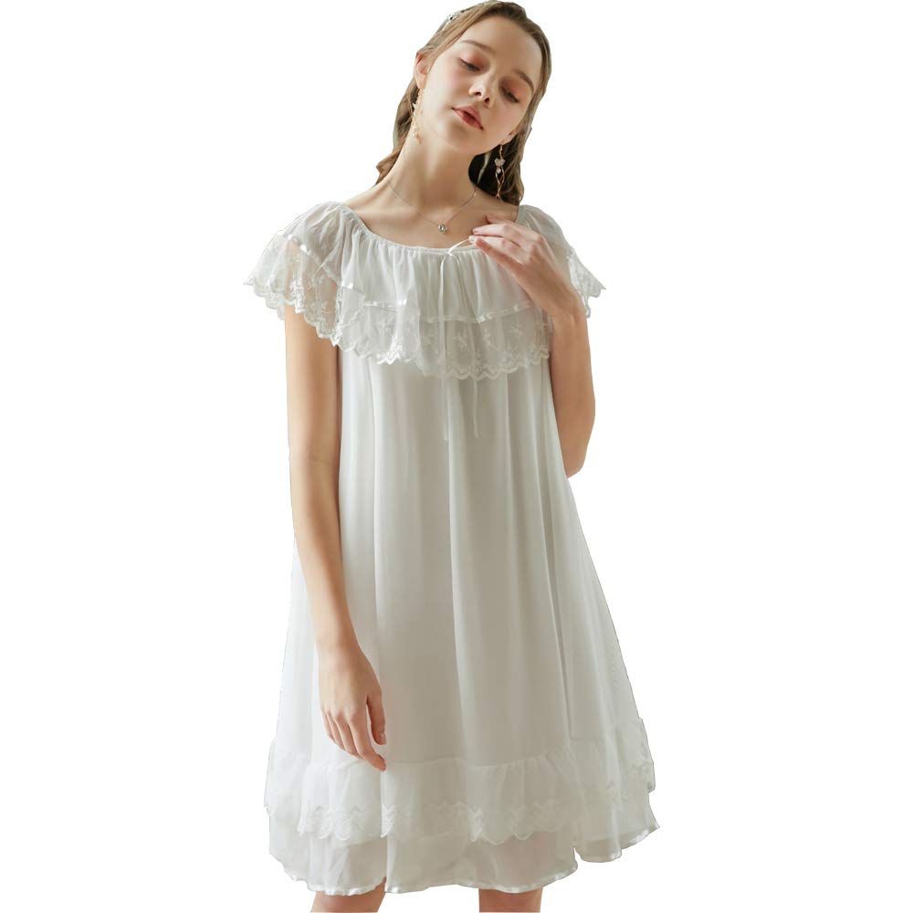 Flwydran Women's White Victorian Nightdress, Short Sleeve Sheer Nightgown Pajamas Nightwear Lounge Dress