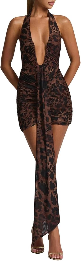 ABYOVRT Women Deep V Neck Ruched Mini Dresses Backless Halter Dress Party Club Night