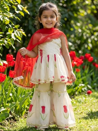 Image of Ethnic kurta for girls | Kids Salwar Suit Set | Girl's Printed top Sharara Dress Set for kids girls