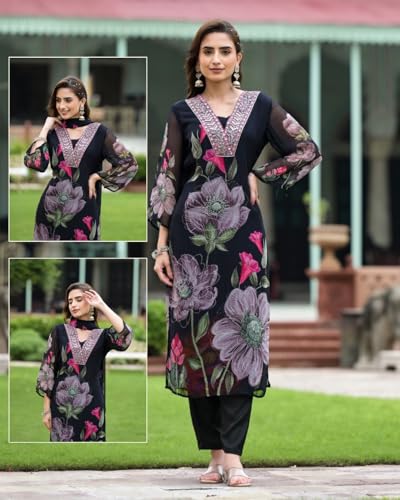 New Straight Kurti Style Dress Georgette Fabric Floral Print Kurti with Plazzo and Chanderi Dupatta4