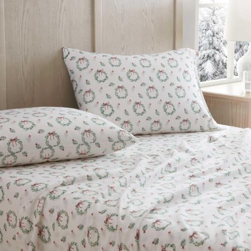Image of Martha Stewart - Flannel Sheets Full Size, Anti-Pilling & Wrinkle Resistant Cotton, Touchably Soft for All-Season Comfort - Matching Pillowcases & Fitted Sheet (Wreaths & Mistletoe Green)