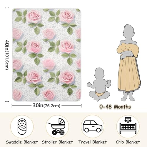 Custom Trendy Pink Lace Rose Flowers Blanket for car seat Cozy Customise Name Monogrammed Blankets for Nursery Stroller Crib 30x40in para Bebes recien nacidos3