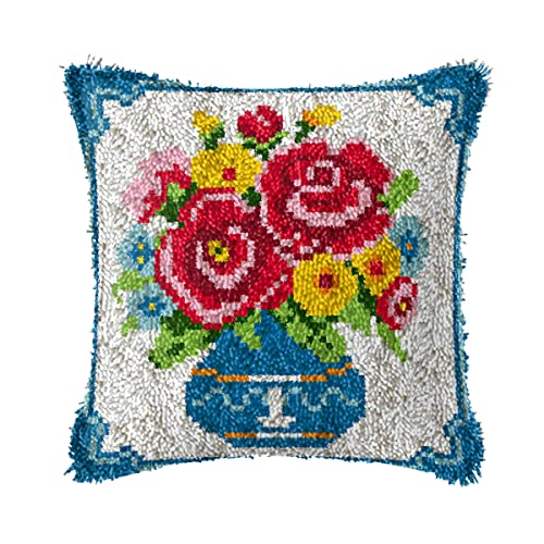 Kits de ganchos de pestillo para funda cojín bricolaje, hermosa funda cojín flores con patrón impreso para adultos principiantes, kit de bordado regalo para muebles sofá del hogar, 17 x 17 pulgadas Cover