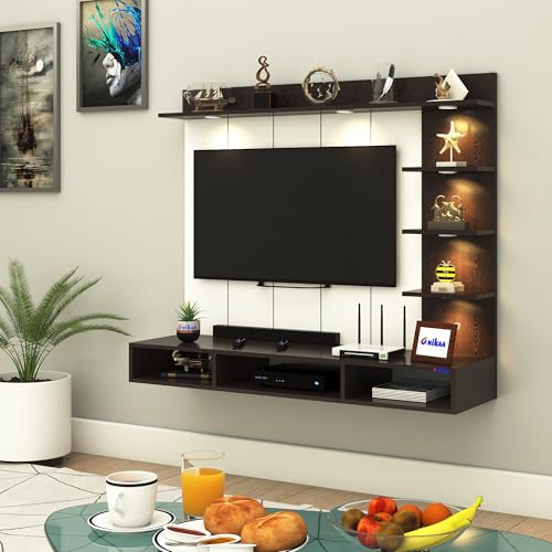 Image of Anikaa Tyron Engineered Wood Wall-Mount TV Unit with PVC Back Panel & LED Lights | TV Cabinet with Storage Box & Decorative Shelves (Wenge) | Ideal for TVs up to 43 Inch | DIY Installation