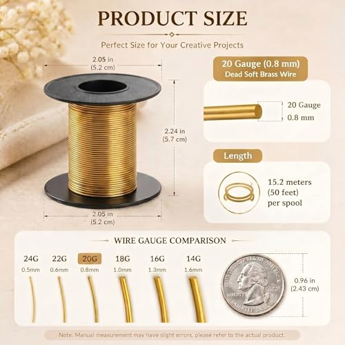 Image of Therwen 50ft 20 Gauge Brass Wire for Gardening, Electroculture, Bonsai, Jewelry Making Beading DIY Craft Pure Bare Brass Wire Spool