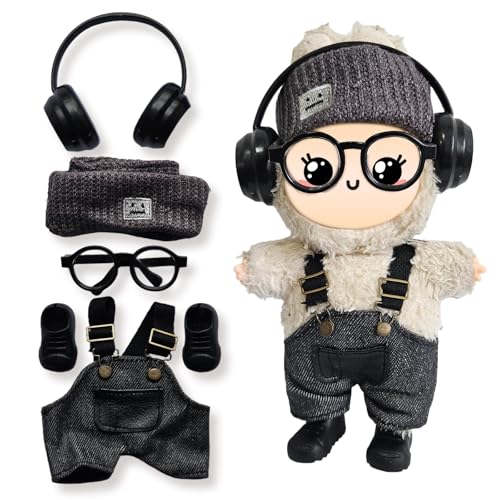 Mengudig 17cm Doll Clothes Set (6-Pcs Outfit), Stylish Clothing for Bunny Doll with Top, Pants, Shoes & Accessories, Just Clothes (Black)