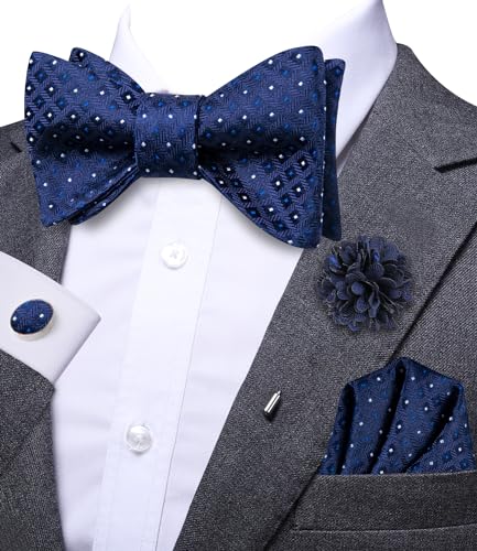 Image of Dubulle Self Tie Bow Ties and Lapel Pin for Men Paisley Solid Mens Bowtie and Handkerchief Cufflinks Set Wedding
