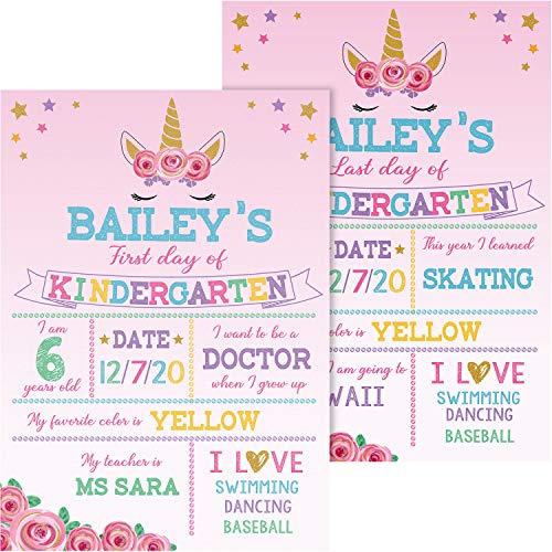 Unicorn Theme First Day of School Chalkboard, Durable First and Last Day of School Photo Sharing Chalkboard Sign for Kid Back to School Chalkboard Sign to Commemorate The First Day of School (Pink)