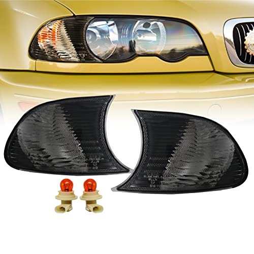 DEPO 00-01 E46 2D Cornering Lights - OE Euro Smoke Clip-On Corner Turn Signal Lamps (Left + Right) Compatible with 2000-2001 BMW E46 3 Series 2 Doors Coupe/Convertible (Smoked Lens w/ 2 Amber Bulbs)