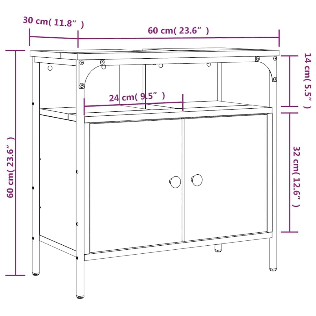 Mobile sottolavabo in legno di rovere affumicato, 60 x 30 x 60 cm, con vano portaoggetti, cassetto e porta, mobile da bagno per bagno, WC degli ospiti, montaggio a parete, salvaspazio e