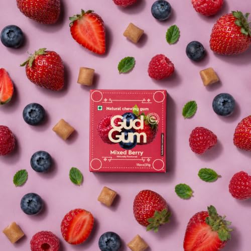 Image of Gud Gum- Natural, Plastic Free Chewing Gum -21g x 2 - Mini Pack of 2 - No added artificial colours, flavours & sweeteners (2 Pack, Mixed Berry)