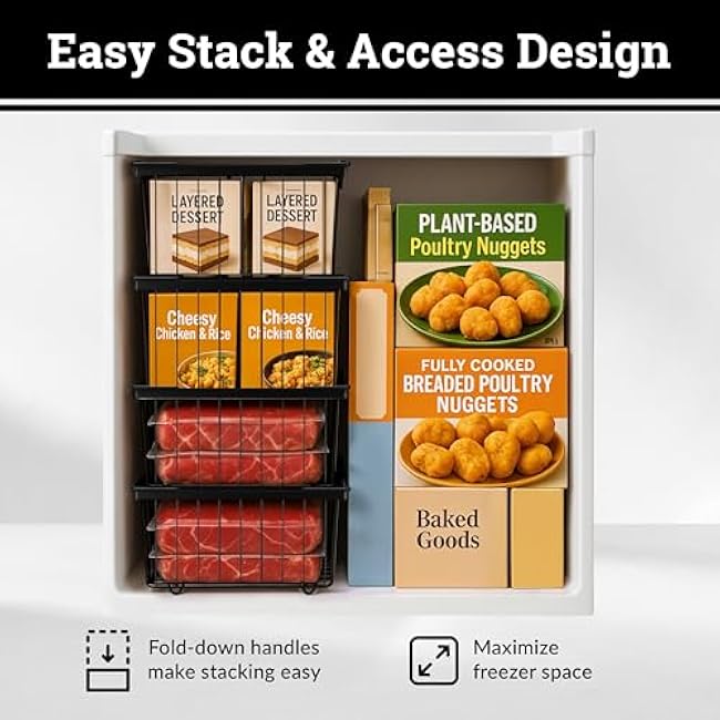 Deep Chest Freezer Organizer Bins ¨C 4-Pack Stackable Chest Freezer Baskets with Dividers, Metal Wire Storage for Frozen Meat, Food ¨C Fits 5¨C7 Cu Ft Deep Freezer, Kitchen Organization Set, Black, White