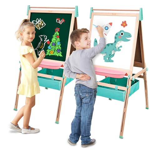 JoyCat Art Easel for Kids Aged 2-8, Wooden Magnetic Chalkboard &Whiteboard,Height Adjustable Easel with Washable Trey & Basket, Easy to Assemble & No Tools Required, Gift and Art Supplies for Toddlers