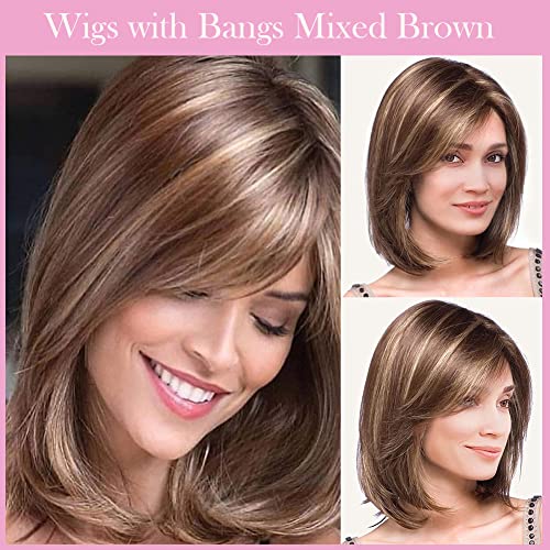 Bestung Short Mixed Color Synthetic Women Wig Medium Length Natural Looking Hair Wigs Light Brown And Light Blonde #TOP1