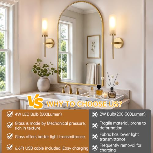 Image of Shenmoyl Battery Operated Wall Sconces Set of 2, Gold Rechargeable Wall Lighting Fixtures, Dimmable Wall Lights with Remote & Opal Glass Shade for Living Room, Bathroom,Bedroom