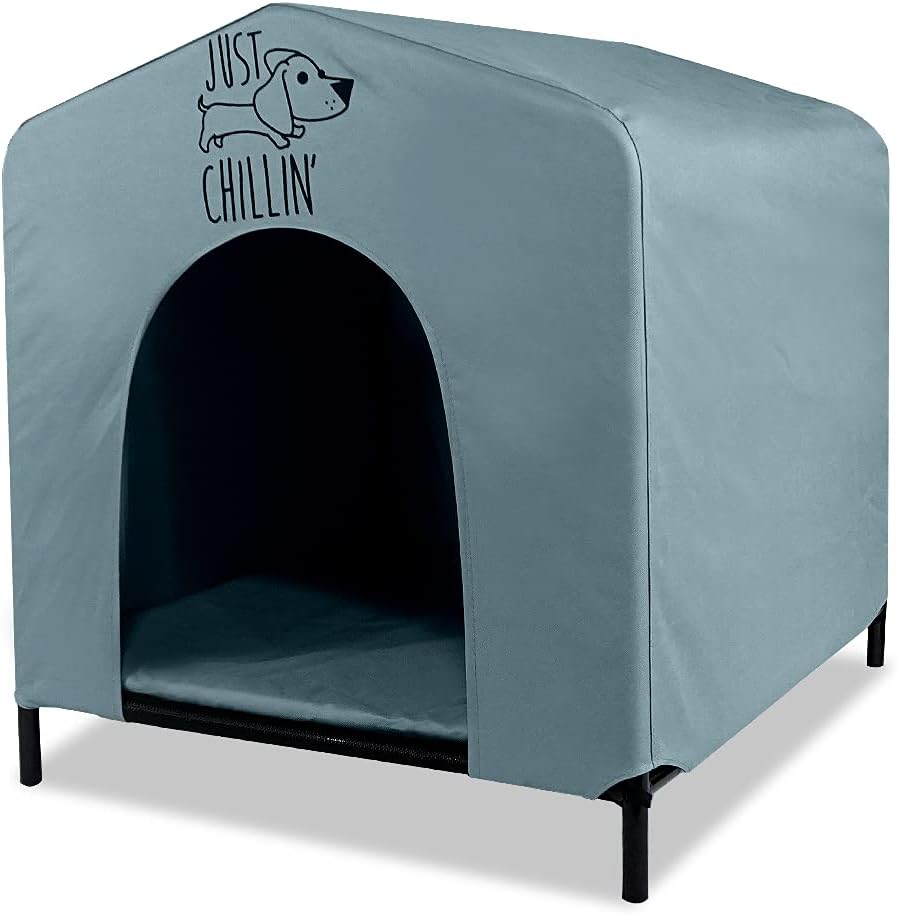 Floppy Dawg Just Chillin’ Portable Dog House. Elevated Pet Shelter for Indoor and Outdoor Use. Made of Water Resistant Breathable Oxford Fabric. Easy to Assemble and Lightweight. 24"L x 23"W x 25"H