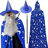 Hicarer 4 Pcs Halloween Wizard Costume Set Include Wizard Hat Cloak Wig Beard Wand Costume Accessories for Adults(Blue,Stars and Moon)