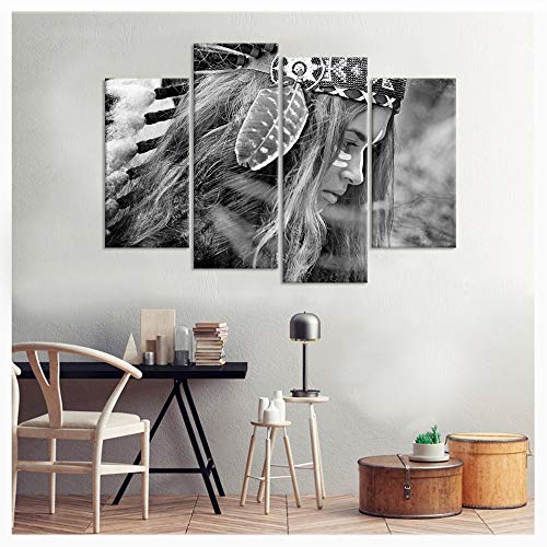Ihappywall 4 Panel Black And White Native American Indians Chef Girl Feathered Canvas Wall Art Beautiful Woman Picture Print On Canvas Stretched And Framed For Bedroom Living Room Decor Ready To Hang #TOP2
