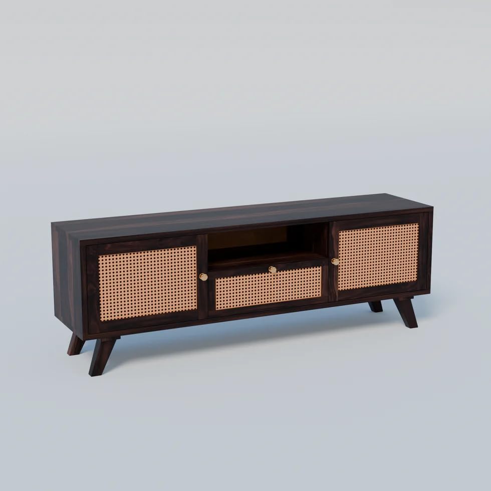 Image of Premium Solid Wood, 10 Minutes Assembly (Legs Only), Aesthetic Rattan Doors, Mid Century Entertainment Center for Living Room, TV Stand for 65 inch TV, Dark Chocolate (D-Dark Walnut)