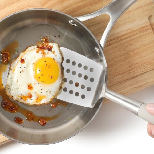 Image of Calphalon Slotted Turner, Kitchen Flipping Spatula, Slotted Spatula, Stainless Steel Turner with Silicone Heat Resistance Handle, Nonstick-Safe Spatula for Draining and Flipping (Taupe)