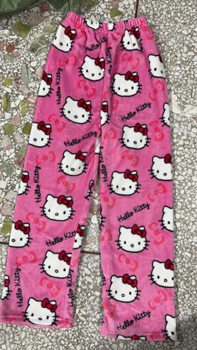 Image of BIUGNVW Anime Pajamas Pants Women Cartoon Family Christmas Pajama Pants Kawaii Flannel Pajama Pants Black and Pink