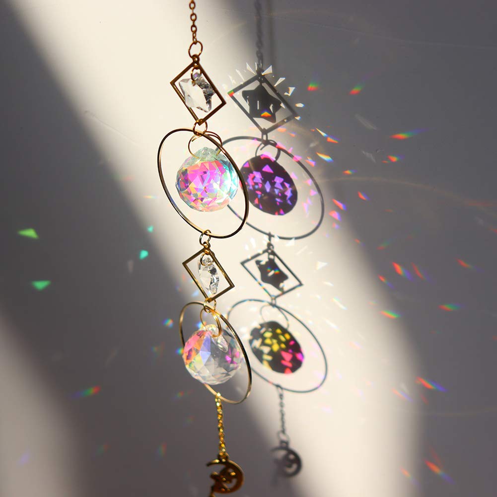 Domybest Attrape-Soleil à Suspendre Pendentif Lune Étoile Avec Prisme Arc -en-Ciel En Cristal Chakra - Suncatcher Cadeaux Décoration Pour Maison, Jardin, Voiture