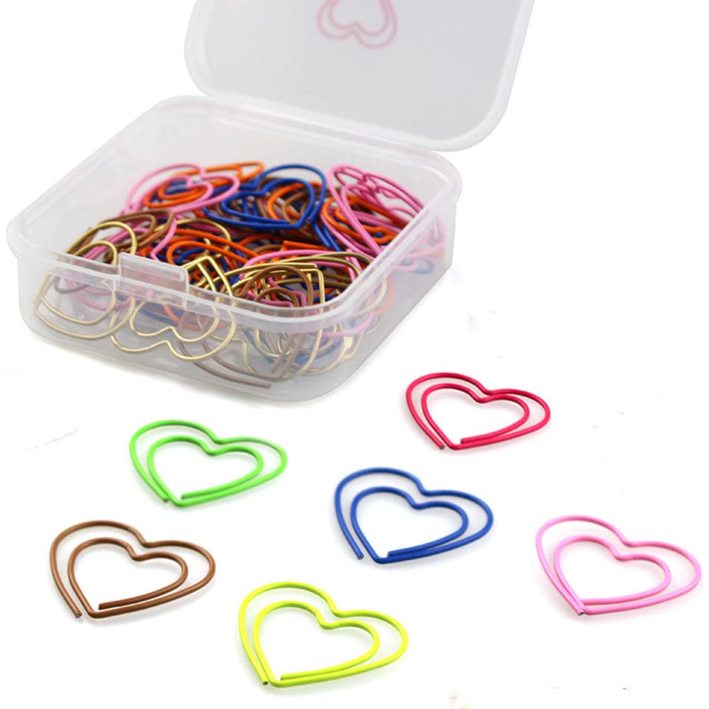 Lot de 100 trombones en forme de cœur, jolis marque-pages en métal, dans une boîte transparente