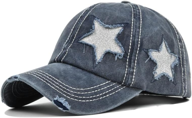 Washed Scratch Frayed Baseball Cap Retro Adjustable with Five-Pointed Stars for Men Women Trucker Cap Unisex