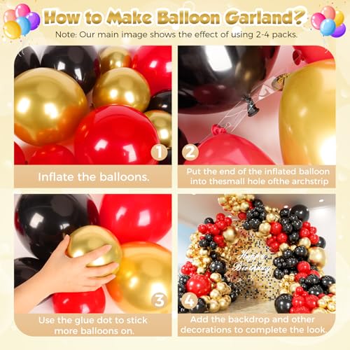Image of 153Pcs Red and Black Gold Balloons Garland Arch Kit - 18 12 10 5 inch Different Size Black and Red Metallic Gold Balloons for Casino Anniversary Night Hollywood Movie Night Party Decorations