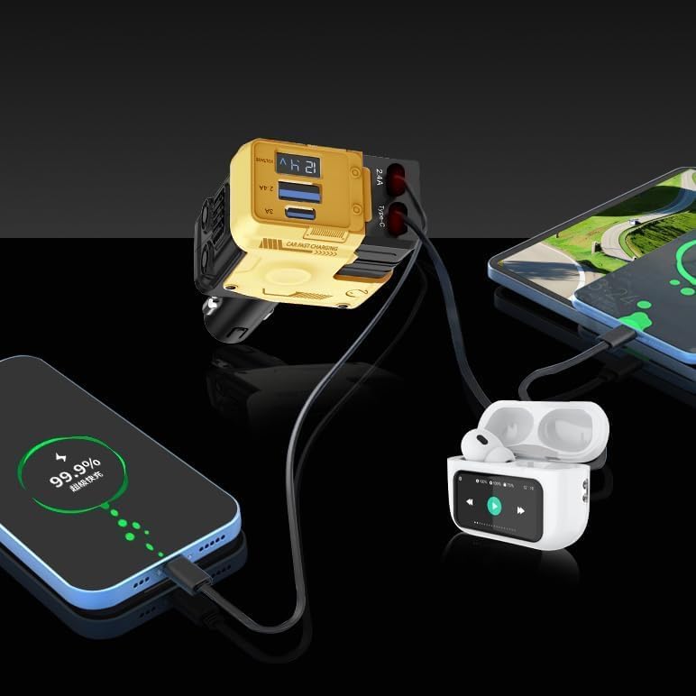 Image of Muvit Retractable Car Charger 120W 4-in-1 Fast Charging Car Phone Charger with 31.5 Inch Retractable Cables & 2 USB Ports | Compatible with iPhone 16 /15 /14 /13 /12 Pro Max /XR, iPad, Pixel,Samsung-Yellow