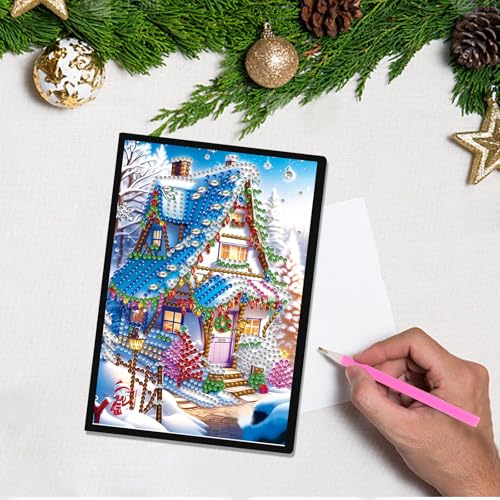 Image of 5D Diamond Painting Notebook, DIY Snowy Christmas House Leather Cover Diary, Special Shaped Diamond Art Sketchbook, 100 Pages /50 Sheets A5 Blank Journal for Writing, Office, Study, 21 x 14.5 cm