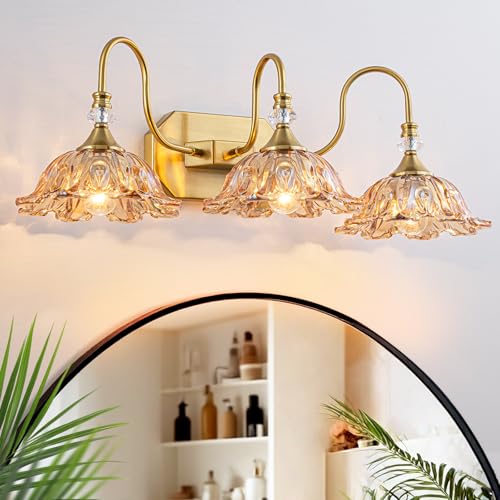 Image of Vintage Gold Bathroom Vanity Light, 3-Lights Matte Antique Brass Finish with Flower Shaped Amber Glass Shades Light Fixture for Bathroom, Hallway