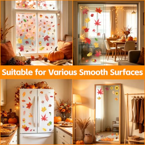 Image of Fall Window Clings 9 Sheets Thanksgiving Static Stickers for Glass Decor | Double-Sided Autumn Window Decals, Harvest Season Clings, Maple Leaves Pumpkins Decorations for Holiday Home Office Classroom