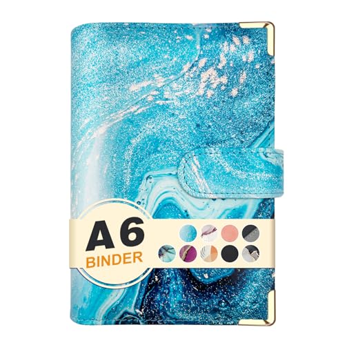 Couverture de classeur A6 bleu marbre en cuir à 6 anneaux chic