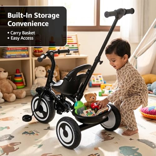 Image of Amazon Brand - Jam & Honey Tricycle for Kids | Seatblet, Parental Handle, & Storage Basket | ISI & BIS-Compliant | for Boys and Girls 2 to 4 Years | 73 x 46 x 90 cm | Black