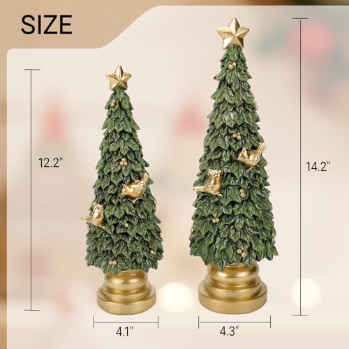 Elegondrar クリスマスツリーフィギュア 2個セット、卓上とマントルのクリスマス装飾、クリスマスのセンターピース、樹脂、グリーン [3]